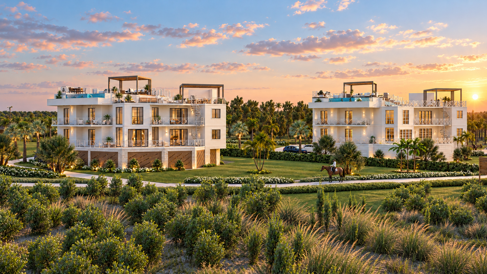 Artist’s rendering of two Pineland Mansions residences at sunset, seen across the dunes