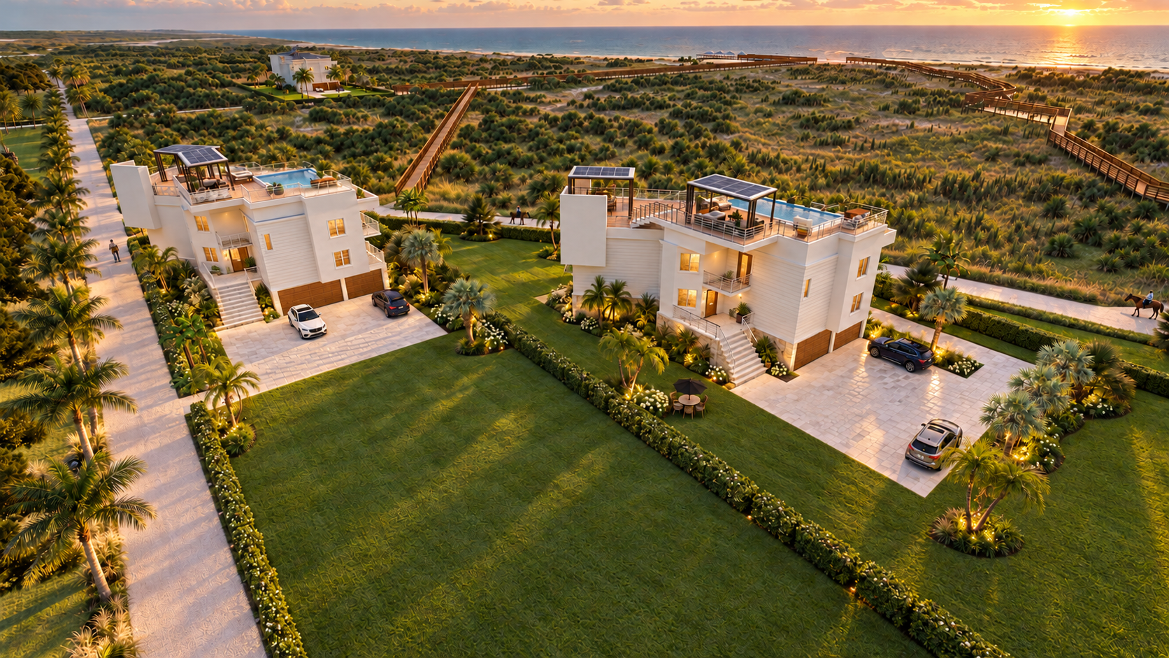 Artist’s rendering of two residences on their lawns from above, with the Sound beyond