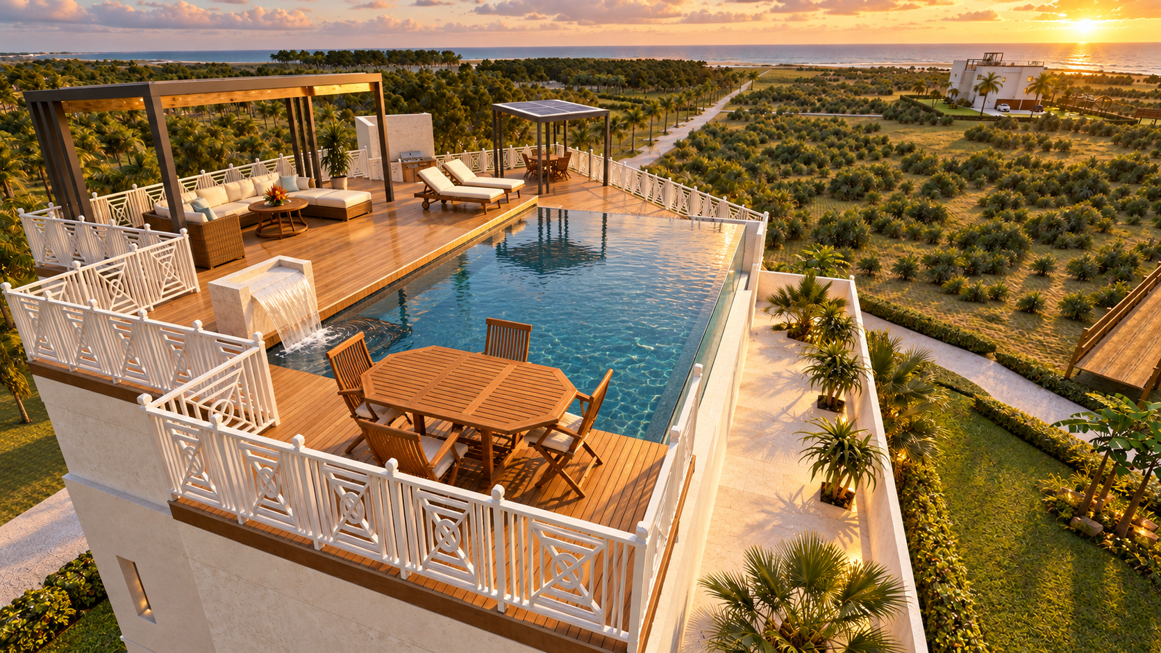 Artist’s rendering of a rooftop infinity pool with lounge and dining deck