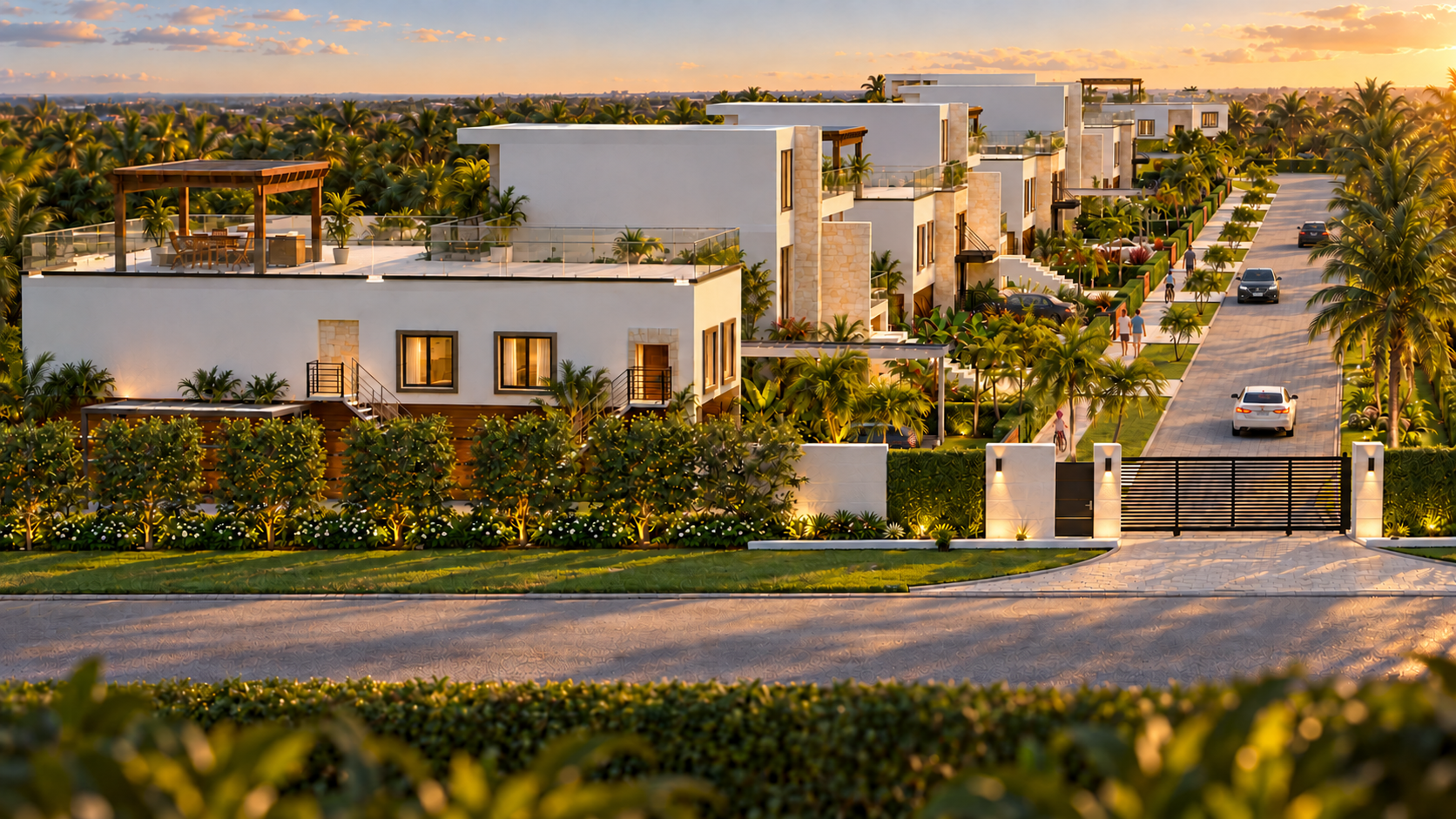 Artist’s rendering of La Spezia homes behind the gated entrance at sunset