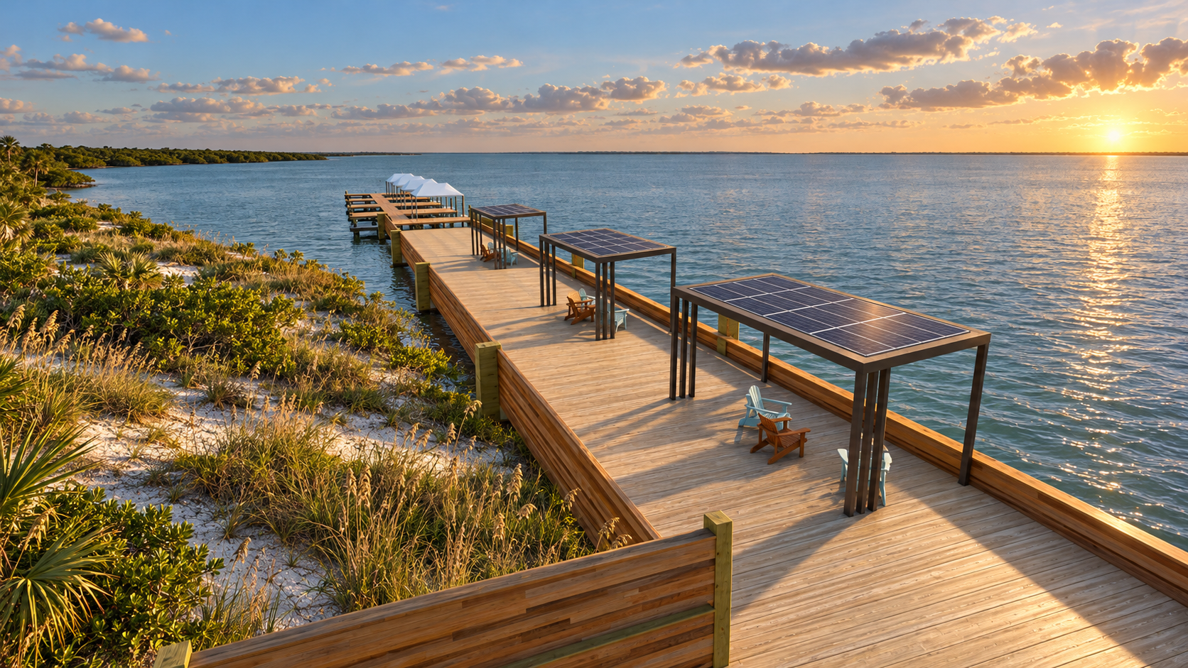 Artist’s rendering of a boardwalk and waterfront deck with shade structures over Pine Island Sound at sunset