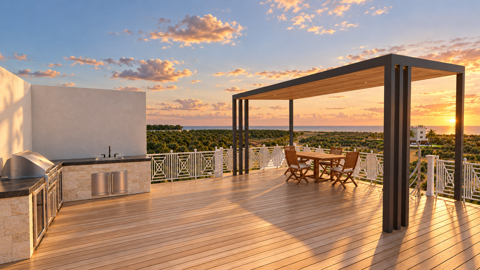 Artist’s rendering of a rooftop outdoor kitchen and covered dining at sunset