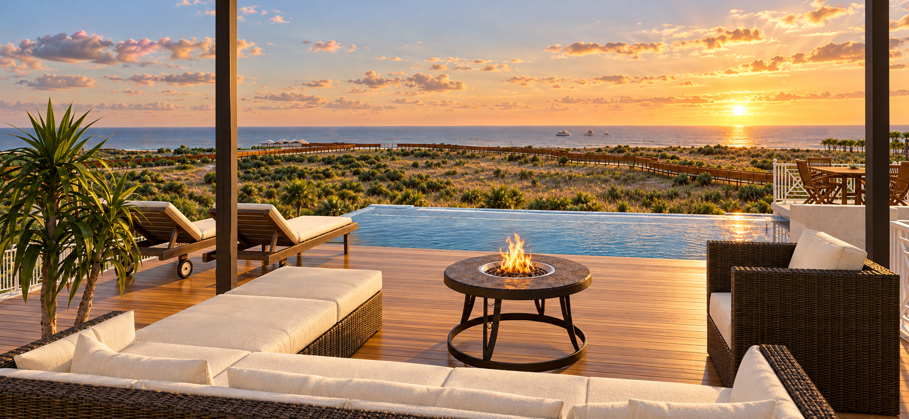 Artist’s rendering of a rooftop lounge with a fire table beside the infinity pool at sunset