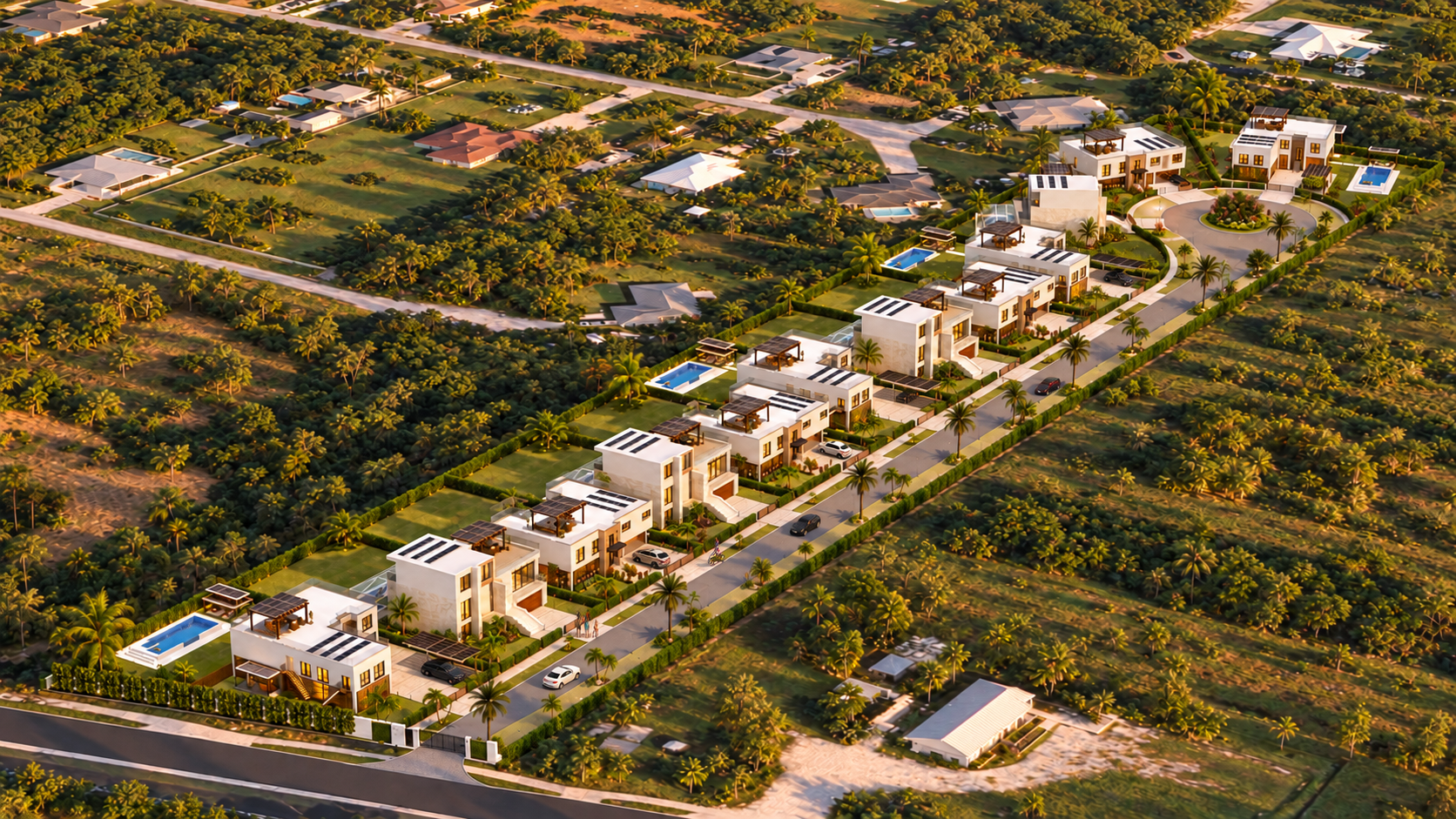 Artist’s rendering of the twelve La Spezia homes from above, along a private gated street