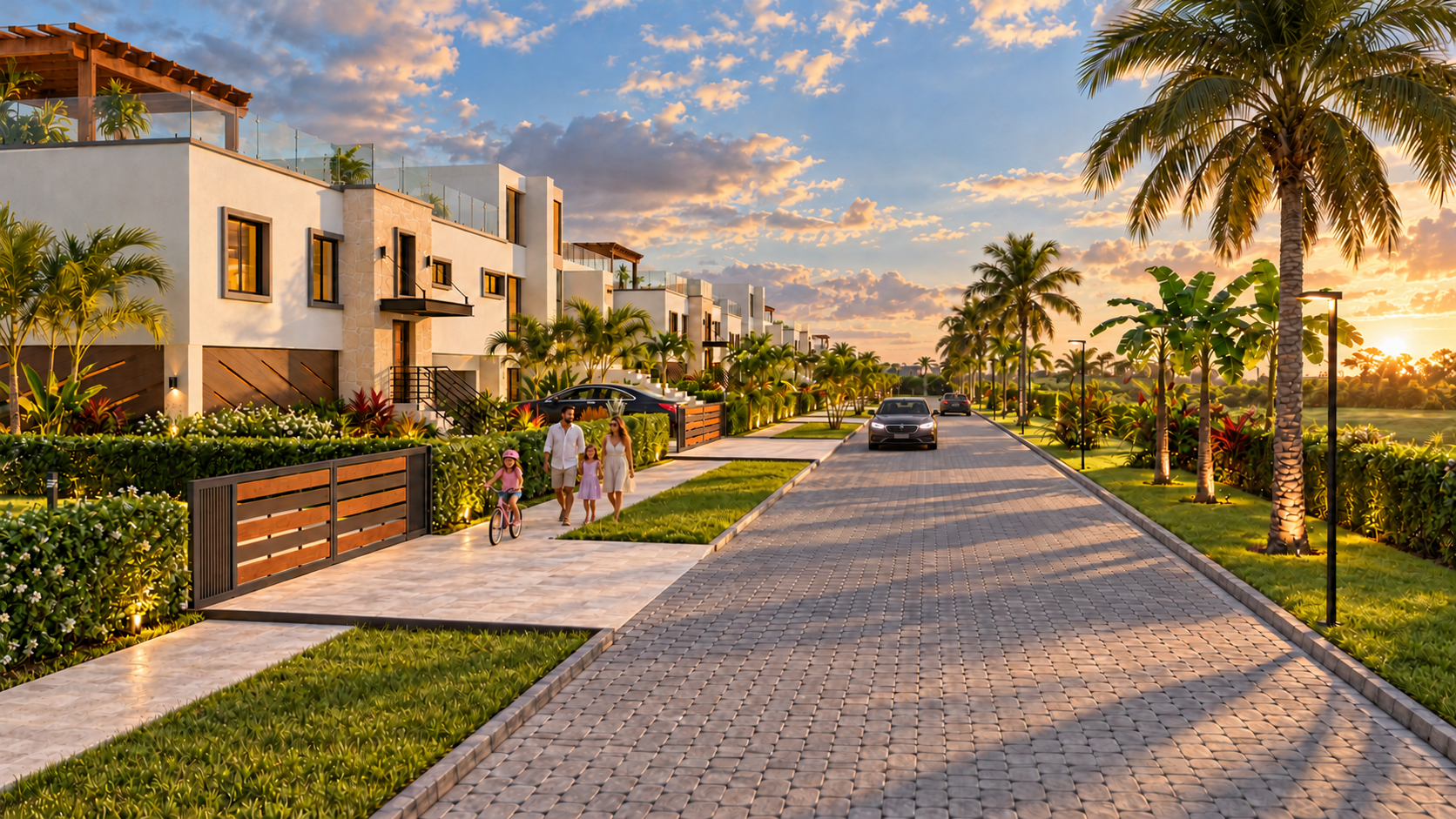 Artist’s rendering of a family walking along a palm-lined street in La Spezia
